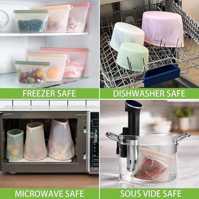 100% Reusable Silicone Bags for Food Storage, 12 Pack Double-Lock Reusable Bags Stand-Up Wide-Mouth Leakproof for Soup, Sous Vide, Freezer Microwave Dishwasher Safe, 4 Half Gallon 4 Sandwich 4 Snack