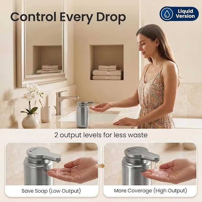 GentleJet WaveJet Automatic Liquid Soap Dispenser Touchless Sensor, USB-C Rechargeable, 304 Stainless Steel, IPX5 Waterproof for Bathroom Kitchen Sink, 10 oz / 300 ml