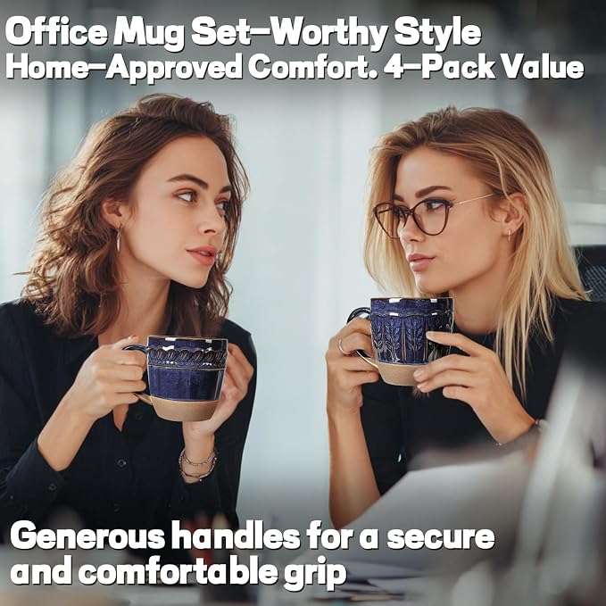 Artena Ceramic Coffee Mugs Set of 4, 16oz Embossed Large Latte Mugs Coffee Cups with Handle for Tea, Latte, Cappuccino & Cocoa, Milk Dishwasher & Microwave Safe, Blue (Pinwheel Flower)