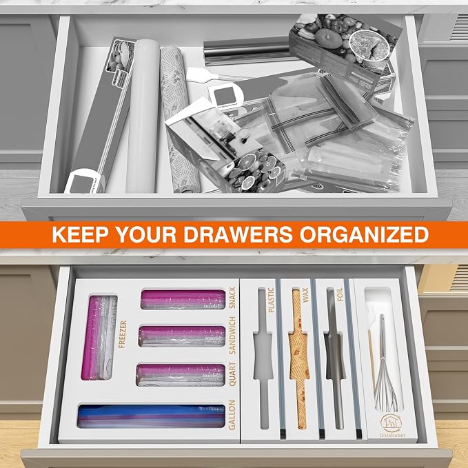 DALSHABET 9 IN1 Bamboo Storage Bag Drawer Organizer with Cutter, Foil and Plastic Wrap Dispenser for Kitchen Storage Compatible with All Brands Gallon, Quart, Sandwich & Snack Size Bags - White