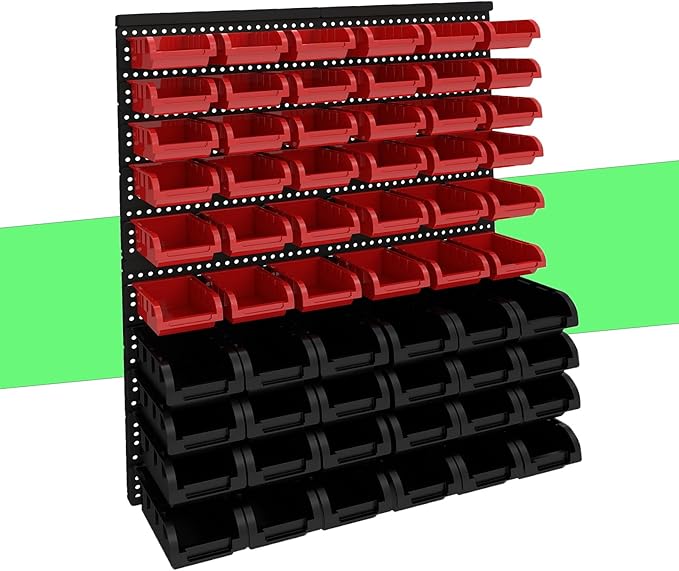 60Pcs Plastic Wall Mounted Storage Bins Parts Rack Nuts And Bolt Bins Organizer For Shop Garage for Screws, Nuts, Bolts, Nails, Beads, and Small Hardware Parts(RED+BLACK, 60)