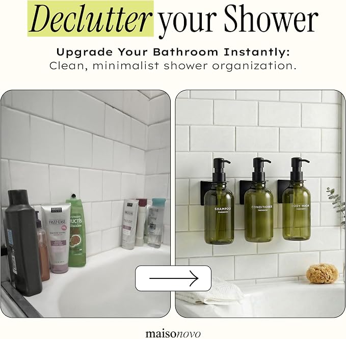 Shampoo and Conditioner Dispenser Wall Mounted Set of 3 Green - No Drill Shower Soap Dispenser for Bathroom Refillable - Spa Hotel Style Accessories by MaisoNovo
