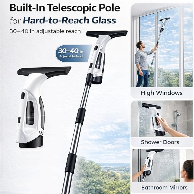 Window Vacuum Squeegee Cordless, Electric Window Cleaner Tool with 2000Pa Suction, 2200mAh Rechargeable Battery, 150mL Detachable Tank, 11-Inch Blade for Windows, Shower Doors, Mirrors