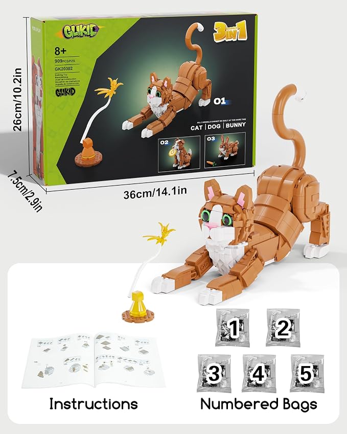 3-in-1 Orange Cat Building Set, Build a Cat, Dog or Rabbit, Creative Animal Building Toy for Kids Ages 8+, Gift for Animal Lovers, Girls and Boys