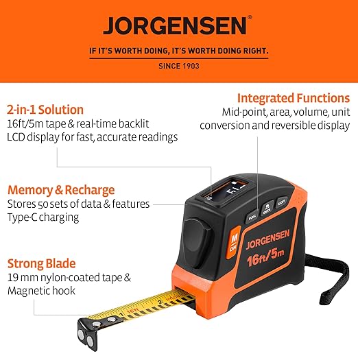 JORGENSEN Digital Tape Measure, 16Ft Rechargeable Digital Measuring Tape Ft/Ft+in/in/M/CM/MM Unit, Metric & Inches Tape Measurement Tool for Pythagorean, Area, Volume