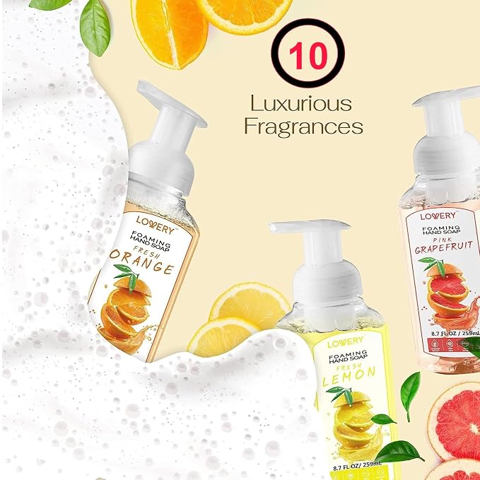 Foaming Hand Soap 10 Pack, Moisturizing W Aloe Vera & Essential Oils - Alcohol-Free Citrus Blend, Lemon, Orange, Lime, Grapefruit, Black Cherry Fragrances & More Hand Wash for Kitchen and Bathroom
