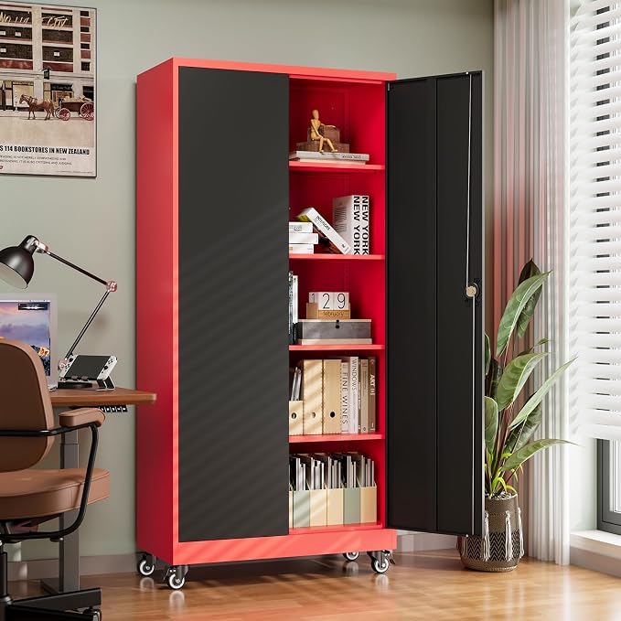 Metal Garage Storage Cabinets with Lock Door and Adjustable Shelves, Steel Tool Cabinets for Home,Office,Warehouse Organisieren (Black Red, 75" H)