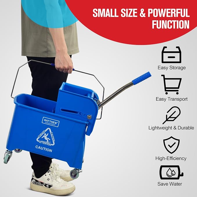 MATTHEW Cleaning Blue 22Quart Compact Mop Bucket INCL.2 Pcs Mop Head with Side Press Wringer On Wheels,Tandem Portable Floor Cleaning Wavebrake,Ideal for Household,Industrial,Restaurant,Janitorial Use