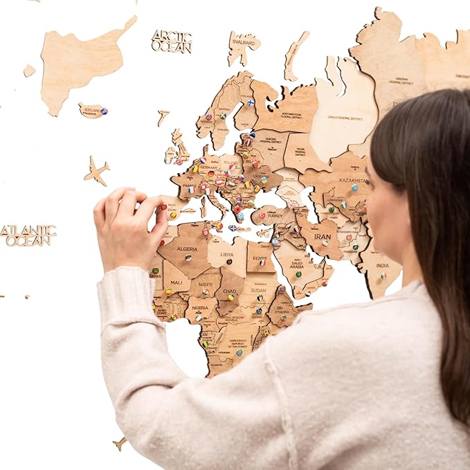 ENJOY THE WOOD 3D Wood World Map Wall Art Large Wood Wall Décor Housewarming Gift Idea Art World Travel Map For Home & Kitchen or Office (Light, X-Large)