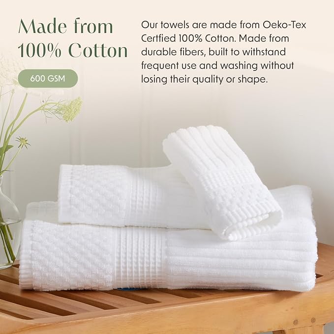 Springtree Home 100% Cotton Bath Towel Set | 6-Piece Set | Textured | White | Absorbent & Quick-Dry Bathroom Towels | Textured and Durable Cotton Towels for Bathroom | OEKO-TEX | Krista Collection