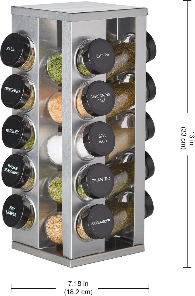 Kamenstein 20 Jar Heritage Revolving Countertop Spice Rack Organizer with Spices Included, FREE Spice Refills for 5 years, Brushed Stainless Steel with Black Caps (Pack of 3)