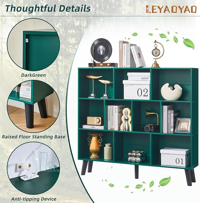 LEYAOYAO 10 Cube Bookshelf,Mid-Century Modern Bookcase with Legs,Dark Green | 3 Tier Book Shelf,Rustic Wood Bookshelves Freestanding Large Storage Organizer, Open Shelves for Bedroom, Living Room, Office