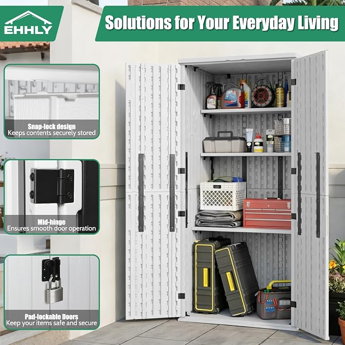 EHHLY Heavy Duty Tall Storage Cabinet Outdoor Weatherproof, 28 Cuft Garage Storage Cabinet with 4 Adjustable Shelves, Lockable Kitchen Pantry Closer Organizer, 31Wx23Lx66H, Polar White