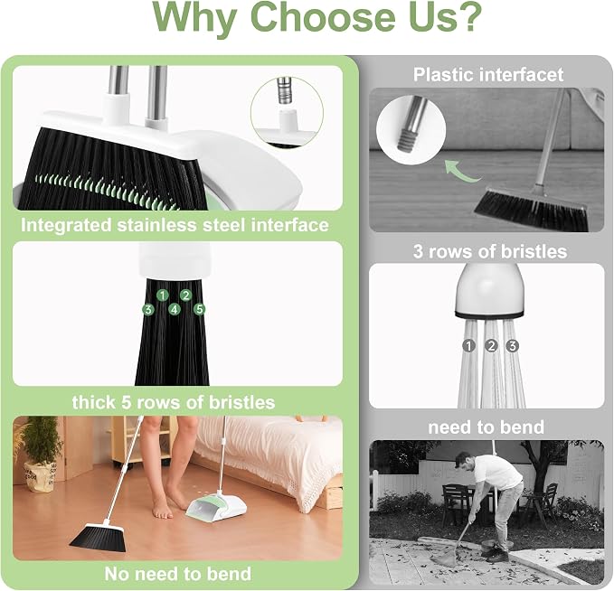 Broom with Dustpan Combo Set for Home, 52-in Long Adjustable Handle Angle Broom and Dustpan Set with Dustpan Comb Teeth for Sweeping Pet Hair Food Dirt Kitchen (White-Green)