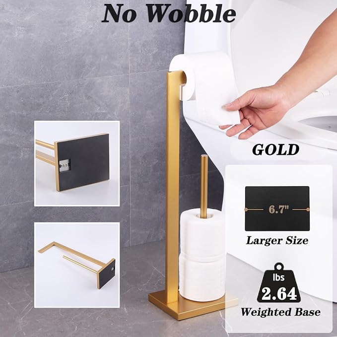 GERZWY Gold Toilet Paper Holder Free Standing with Reserve Stainless Steel Tissue Roll Holder Floor Stand Storage DZY004-BE