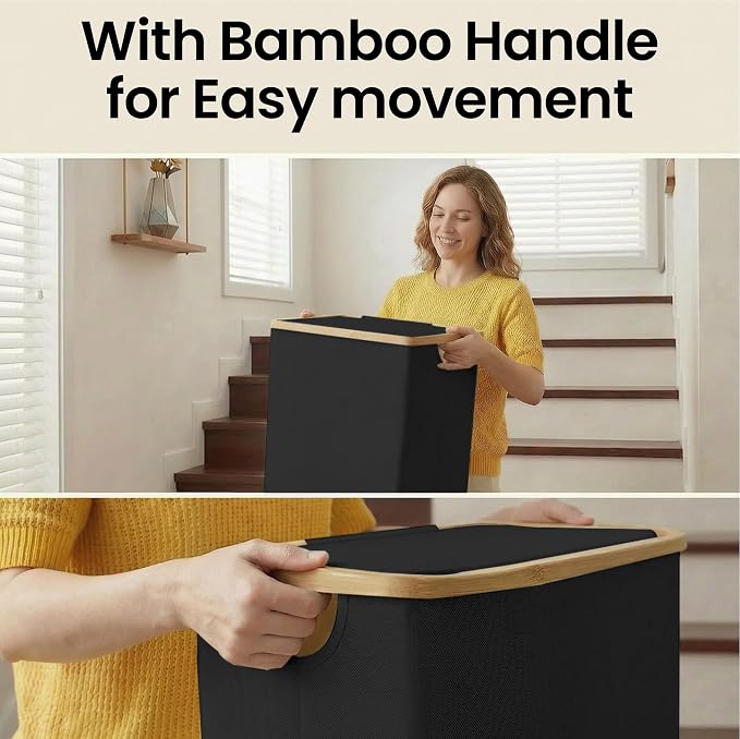 efluky Slim Laundry Basket with Lid, Narrow Laundry Hamper with Removable Bag, Skinny Dirty Clothes Basket with Bamboo Handles for Bathroom, Bedroom & Laundry Room, 90L Black