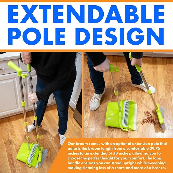 Hub City Industry Heavy Duty Broom and Dustpan Combo Set with Commercial Long Handle for Lobby, Home, Office, Cleaning Supplies, Upright Grips Sweep Set with Broom for Floor Cleaning, Green