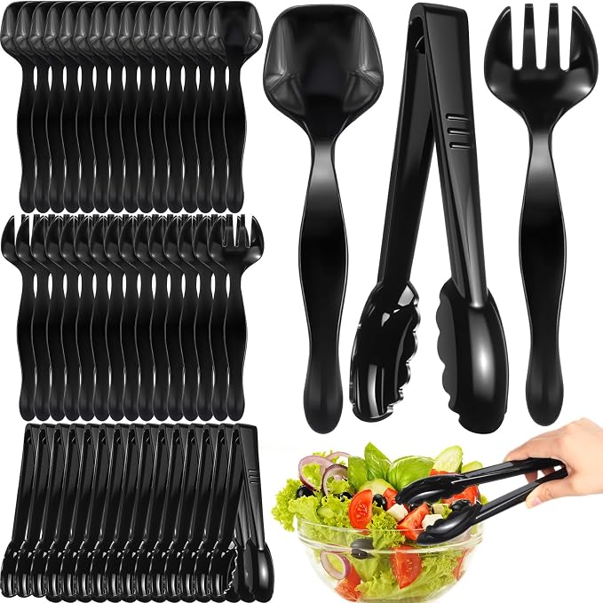 Patelai 48 Pcs Plastic Serving Utensils Disposable Black Serving Spoons Forks Tongs Heavy Duty Party Utensils for Dinner Parties, Buffets, Banquets, Birthday, Weddings and Daily Use