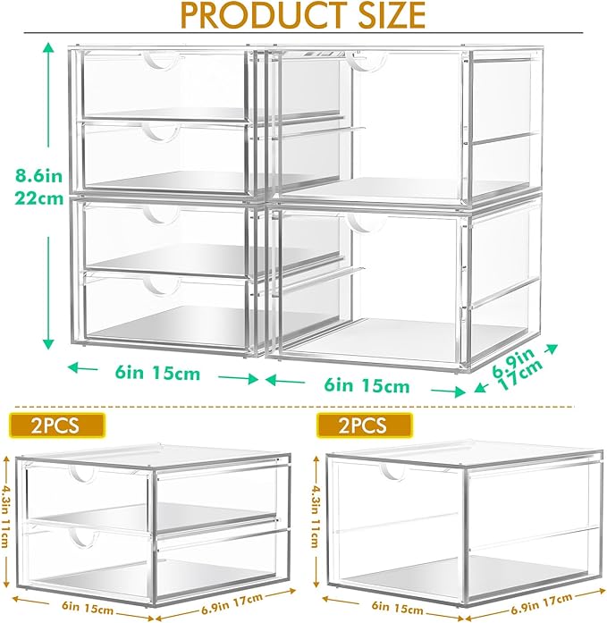 caktraie Acrylic Makeup Organizer, 4 Pack Drawer Organizer - Transparent Desktop Storage for Cosmetics, Office Supplies & More - Clear Organizers for Home & Office Use