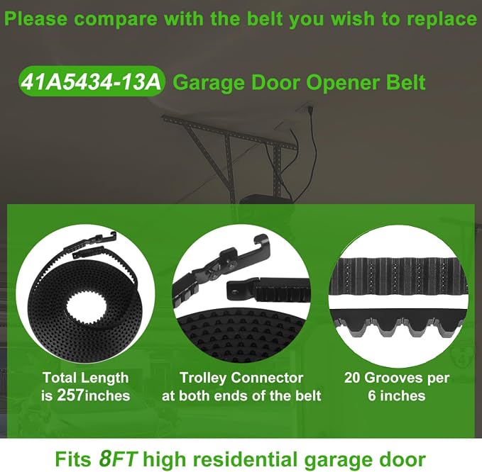 41A5434-13 Drive Belt 257'' for 8FT Garage Door Stable and Quiet Belt Replacement Compatible with Chamberlain Liftmaster Craftsman Sentex Whisper Openers (41A5434-13A 8FT Garage Door Belt)