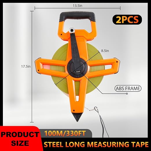 2 Pcs 328ft/100m Open Reel Long Tape Measure, 1/2" Nylon-Coated Steel Blade, Dual Inch/Metric Scales, ABS Impact-Resistant Case for Construction, Surveying Orange