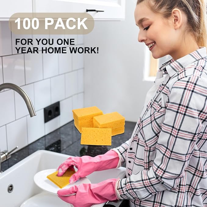 Zhengmy 100 Pieces Sponges Bulk Sponges Kitchen Compressed Sponge Natural Dish Sponge Compressed Wood Pulp Cleaning Without Scratching for Kitchen Bathroom, 3.9 x 2.4 x 0.12 Inch (Yellow)