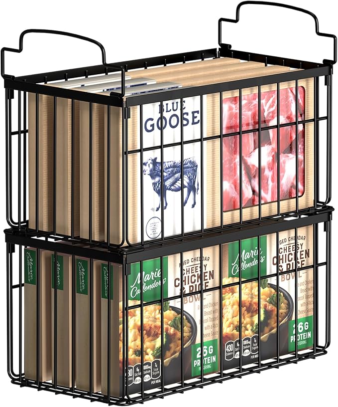 Freezer Organizer Bins, 2 Pack Big Baskets for 5/ 7 Cu.FT Deep Freezer | Stackable Chest Freezer Organizer Bins, Foldable Baskets with Handles, Black Storage Container Baskets for Sort Frozen Meats