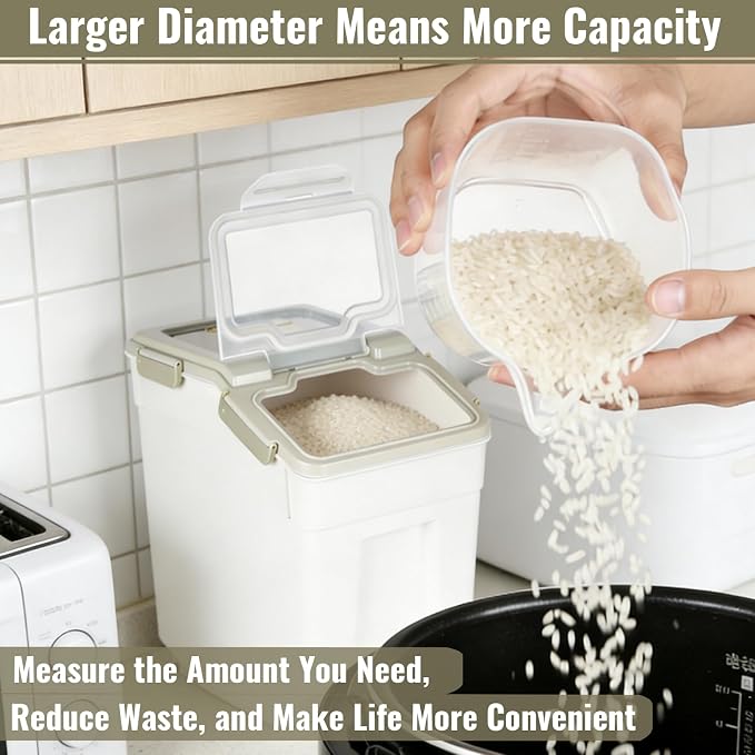 2 Pack Rice Container 25 lbs Large Bulk Flour Sugar Storage Holdhouse Plastic Grain Cereal Dry Goods Bin with Spoon and Measuring Cup for Kitchen Pantry Organization - Grey