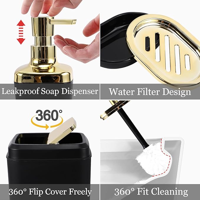 XLHOMO Bathroom Set, 9PC Bathroom Accessory Set, Black Bathroom Accessories, Black Bathroom Set, Trash Can, Soap Dispenser for Home Decor