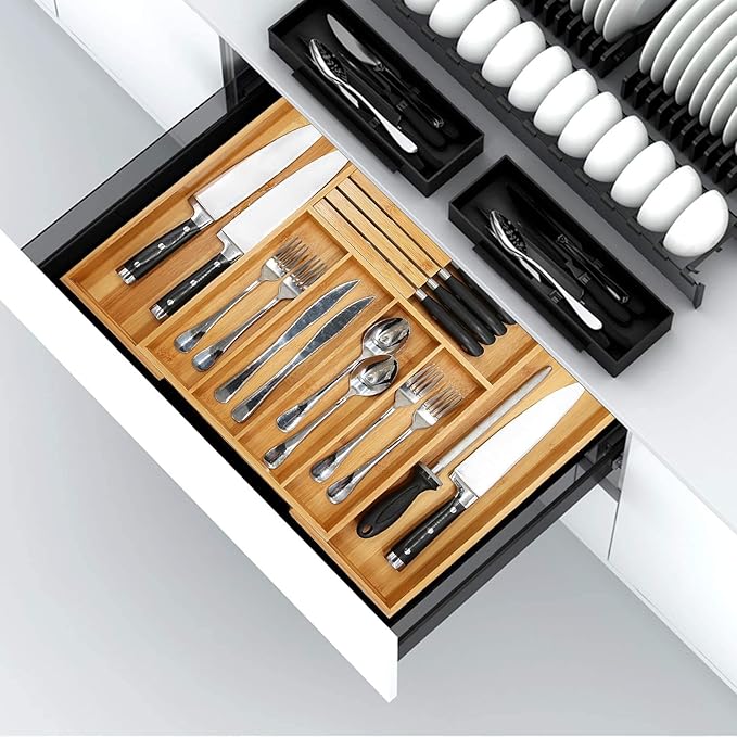 VaeFae Bamboo Silverware Drawer Organizer Kitchen, Expandable Utensil Organizer with Knife Block, Cutlery Tray with Divider, Multifunctional Drawer Organizer