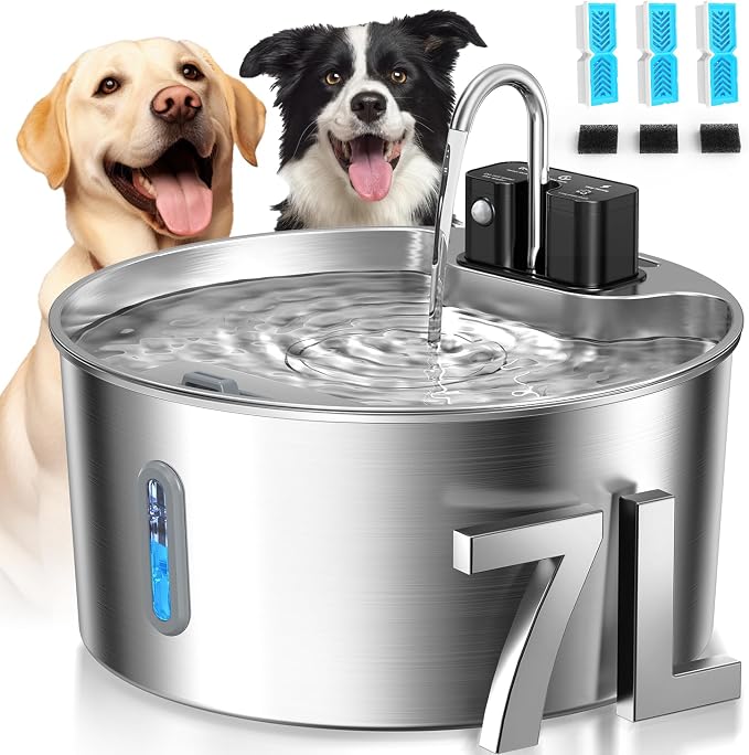 Voluas 7L Wireless Dog Water Fountain with 3 Filters, Stainless Steel | cordless Design, 236oz capacity, 4-layer filtration, ultra-quiet pump, water level window, easy clean for large dogs