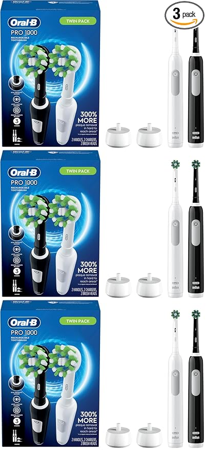 Oral-B Pro 1000 CrossAction Electric Toothbrush, Black and White, 2 Count (Pack of 3)