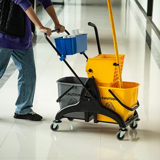 HOMCOM Mop Water Bucket Wringer Cart, Double Mop Bucket, 2 x 6.9 Gallon | Side Press Wringer, Smooth Wheels, Mop-Handle Holder, Easy to Use