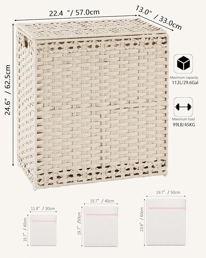 SETVSON Laundry Hamper with Lid PE Rattan Laundry Basket, Light Khaki | Decorative Furniture Look for Bathroom & Bedroom, 2-Section Large Wicker Hamper, 2 Cloth Bags, 6 Mesh Bags Included