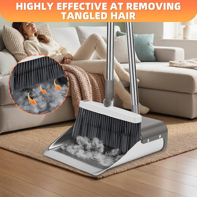 Broom with Dustpan Combo Set, Heavy Duty Standing Metal Dust Pan with Teeth, Indoor Outdoor Up for Home Kitchen Lobby Room Office, Grey