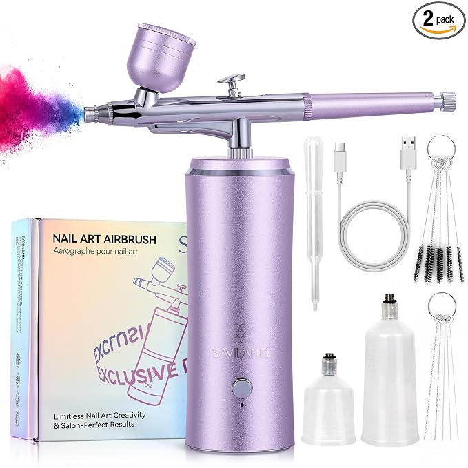 SAVILAND Infinite Nail Art Airbrush Kit with Compressor: 3X Instant Atomization Nail Airbrush Machine 30 PSI Clog Free Spray Gun Ombré French Blurred Nails Makeup Cake Decorating Body Art 850 mAh