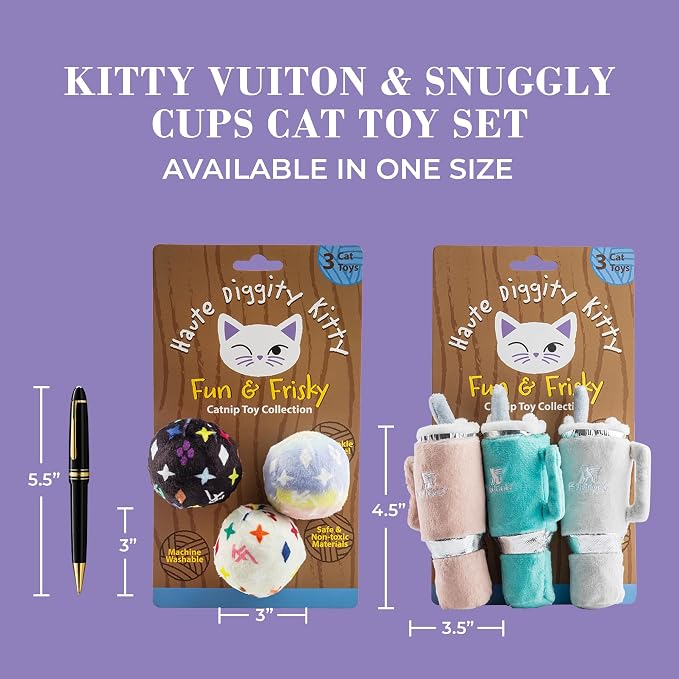 Haute Diggity Kitty Vuiton Monogram Balls + Snuggly Cups Set, Plush Cat Toys Catnip Filled with Interactive Crackle Sound, Safe & Durable Toys for Cat & Kitten, 6 Pcs