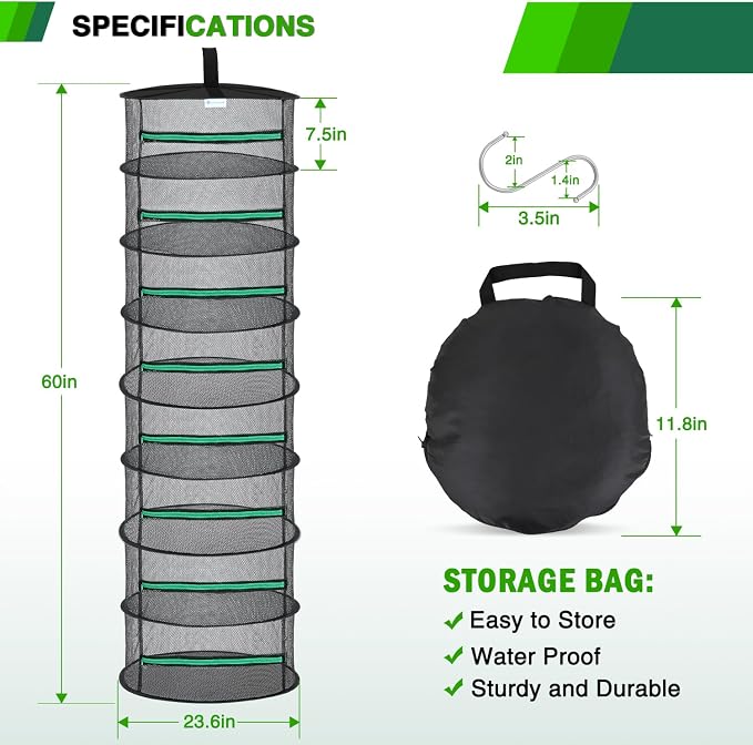 Yesker 8 Layer Herb Drying Rack Hanging Mesh Net Foldable Plant Drying Racks 24" Diameter with Green Zipper & Hook Dryer Hanging Rack for Herbs Seed Bud Fruit Clothes Grow Tent Closets Garden Outdoor | Diameter with Green Zipper & Hook Dryer Hanging Ra...