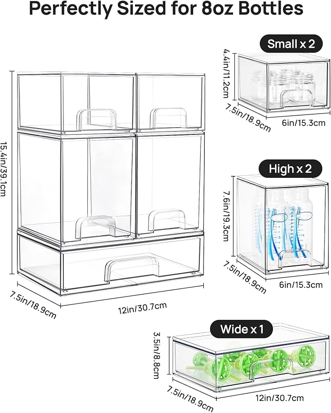 Vtopmart Stackable Storage Drawers Set of 5, Clear Plastic Organizer Bins for Baby Bottle, Beauty Supplies Storage, Ideal for Kichen Countertop, Vanity, Bathroom, Cabinet, Pantry Organization