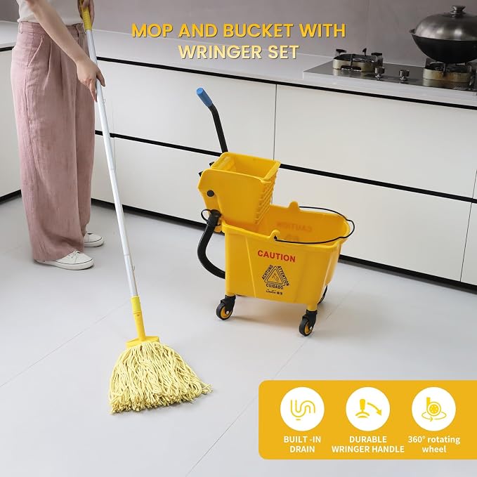 35-Quart Commercial Mop Bucket Set with Wringer on Wheels, Yellow | Mop And Bucket Set for Floor Cleaning , Including Commercial Mop and Mop Head Replacement