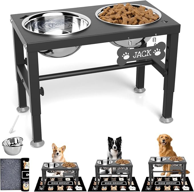 SHAINFUN Elevated Dog Bowls with Mat for Medium Large Dogs, Raised Dog Bowl Stand with 2 Stainless Steel 58oz Bowls, Tall Dogs Food Water Bowl Holder