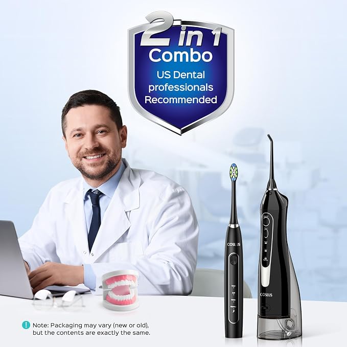 COSLUS C20C41 Water Flosser Electric Toothbrush Combo, 2-1 Oral Clean Kit | Brushing & Flossing for Teeth & Braces Cleaning, Gums Care, Portable Travel Use, Gift for Family, Adults, BPA-Free, Black