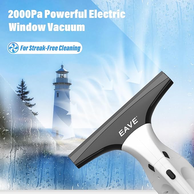 Eave Window Vacuum Squeegee Cordless, Electric Window Cleaner Kit with 11" & 6.7" Squeegee Blades, 2000Pa Vacuum Squeegee with 45min Battery Life & 270ml Water Tank, Suitable for Windows, Mirrors