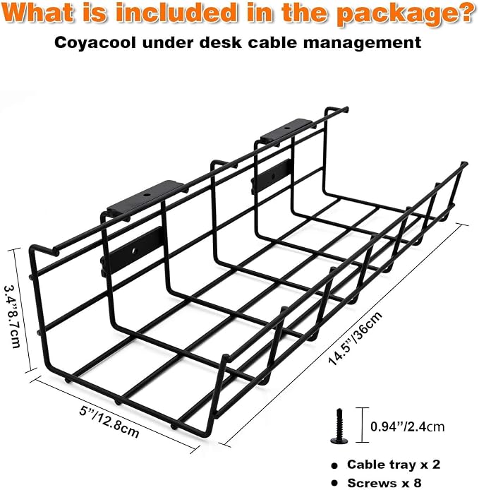Under Desk Cable Management- 1 Pack Cord Organizer. Metal Wire Cable Management Tray for Office, Studio and Home. Super Sturdy Under Table Cable Raceways Management - Black Cable Organizer