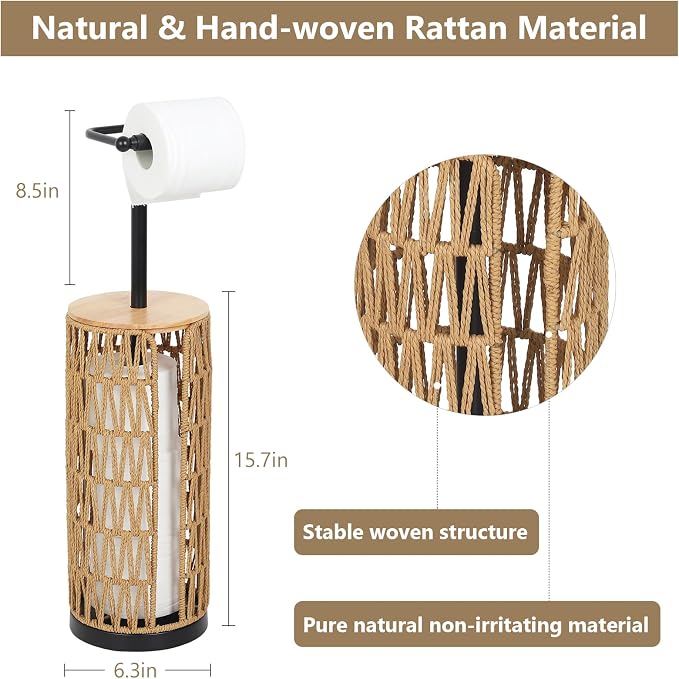 Trongee Freestanding Toilet Paper Holder with Storage,3 Rolls of Boho Toilet Paper Holder Stand with Lid,Gold Toilet Tissue Holder Stand Rattan Paper Storage Wicker Toilet Roll Holder Basket