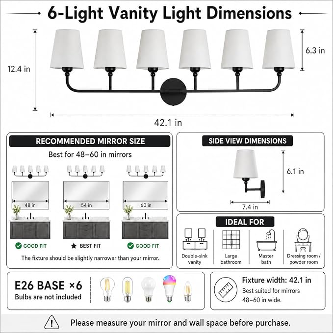 Bathroom Vanity Light, Matte Black Bathroom Light Fixtures, 6-Light Lighting Fixtures Over Mirror, Modern Wall Sconce with Flared White Fabric Shade, E26 Socket(ETL Listed)