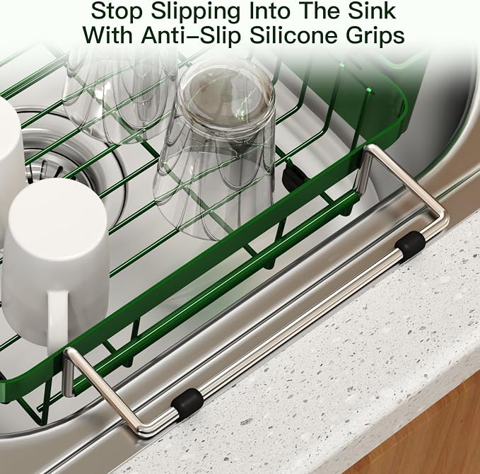 Green Dish Drying Rack Over The Sink with Utensil Holder | Expandable Stainless Steel Dish Drainer for Small Kitchen, Apartment, RV, Counter Space Saving, Perfect Fit, Rustproof