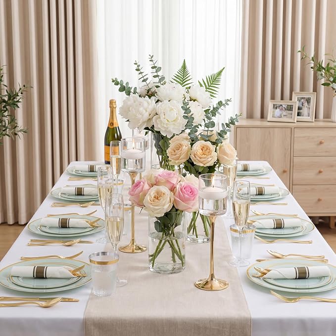 WDF Partyware 175PCS Sage Green Plastic Plates - Heavy Duty Green Plates Disposable - 25Guests Plastic Dinnerware with Rolled Napkins for Spring/Birthday/Baby Shower