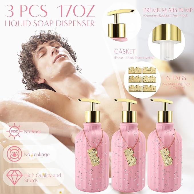 17PCS Bathroom Accessories Set, Pink Bathroom Set Bathroom Accessories Set with Trash Can, Toilet Brush, Toothbrush Holder, Qtip Holder & 3PCS Soap Dispenser