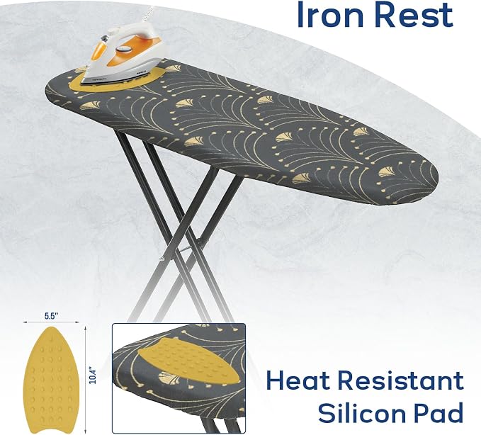 Ironing Board 43x13, RAINHOL Full Size Iron Board with Thick Padded Cover, Adjustable Height, Foldable Ironing Table with Hanger, Black Gold Pattern